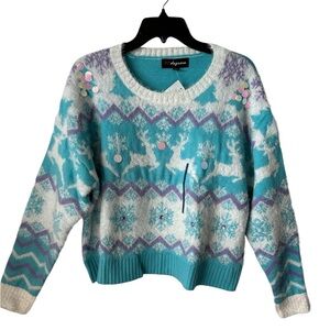 33 DEGREES Fuzzy Holiday Snowflakes Reindeer Large Scoop Crew Sweater BNWT